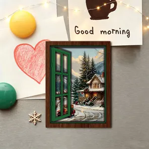 Christmas wooden fake window fridge magnet detail, glowing winter landscape scenery decor.