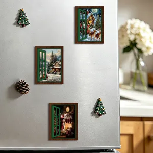 Christmas glowing window fridge magnets, vintage wooden magnetic stickers for holiday decor scene.