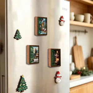 Christmas luminous fake window fridge magnet wooden decorative vintage magnetic sticker