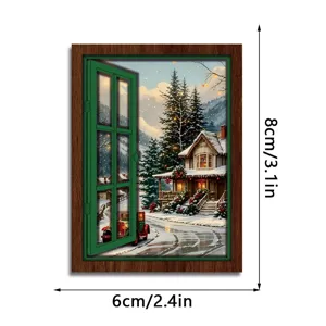 Christmas glowing fake window fridge magnet, vintage wooden decorative magnetic sticker detail.