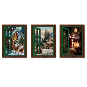 Christmas glowing fake window fridge magnet, vintage wooden magnetic sticker for holiday decor.