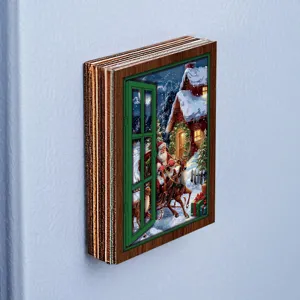 Christmas glowing fake window wooden fridge magnet, vintage holiday decorative magnetic sticker.