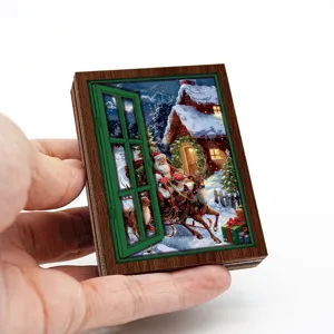 Christmas wooden fridge magnet decorative vintage fake window style holiday gift magnetic sticker