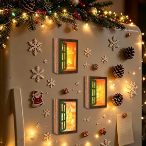 Christmas luminous window fridge magnet, 3d wooden magnetic sticker for holiday home decor.