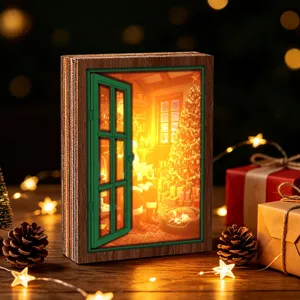 Christmas glowing fake window fridge magnet wooden vintage decorative magnetic sticker