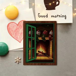 Christmas glowing fake window fridge magnet, vintage wooden decorative magnetic sticker for holiday.