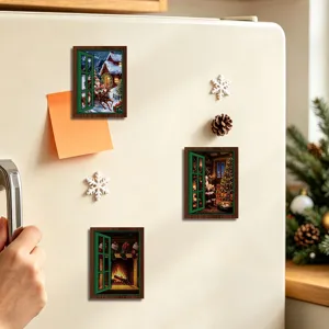 Christmas glowing fake window fridge magnet, retro wooden magnetic sticker for holiday