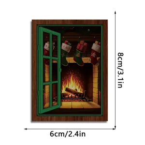 Christmas wooden fridge magnet retro fireplace window design decorative magnetic sticker 8x6cm