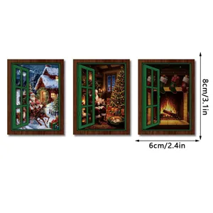 Christmas decorative wooden window fridge magnet set featuring vintage holiday scenes and warm lights.