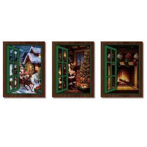 Christmas wooden magnetic fridge magnet glowing fake window holiday home decor 3pcs set