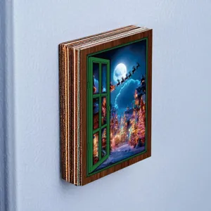 Christmas glowing fake window wooden fridge magnet holiday retro decorative magnetic sticker