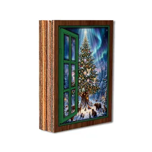 Christmas glowing fake window fridge magnet, vintage wooden magnetic decoration for holiday home.