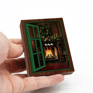 Christmas wooden fridge magnet decorative miniature vintage fireplace window magnetic sticker