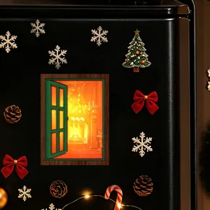 Christmas glowing fake window fridge magnet, vintage wooden magnetic sticker for holiday decor.