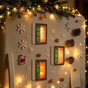 Christmas glowing fake window fridge magnets wooden magnetic refrigerator stickers holiday decor