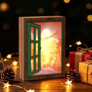 Christmas glowing wooden window fridge magnet holiday retro decorative light up gift for home