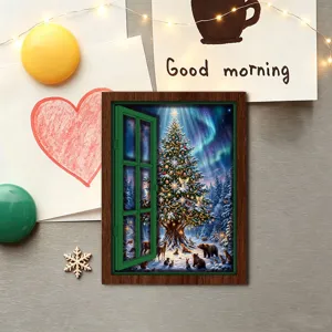 Christmas glowing fake window wooden fridge magnet vintage holiday decorative magnetic sticker