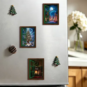 Christmas magnetic fridge stickers vintage window design wooden home kitchen decor