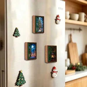 Christmas wooden magnetic fridge stickers detail view, decorative glowing window and snowman design.