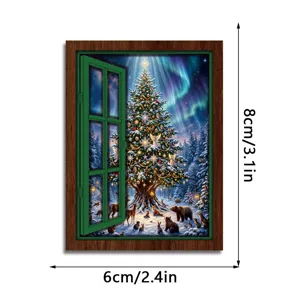 Christmas luminous fake window fridge magnet, wooden magnetic decorative sticker for holiday decor.