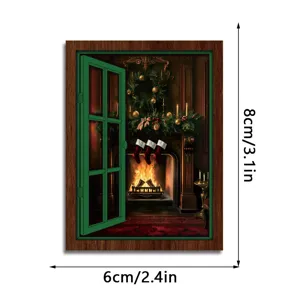 Christmas glowing window fridge magnet detail, retro wooden magnetic holiday decor.