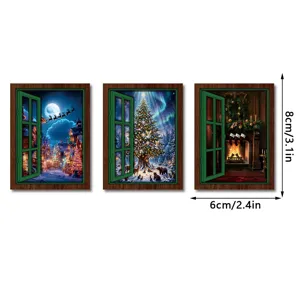 Christmas decorative wooden magnetic fridge magnets, glowing fake window vintage design.