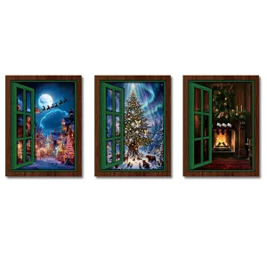 Christmas decorative wooden magnetic fridge stickers featuring retro fake window designs for holiday.