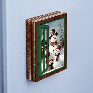 Christmas wooden fridge sticker vintage snowman fake window magnetic home decor detail