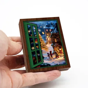 Christmas wooden fridge magnet featuring a retro glowing window winter snow village scene.