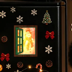 Christmas glowing window fridge magnet set, vintage wooden magnetic sticker for holiday decor.