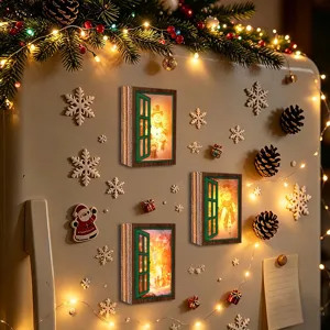 Christmas luminous wooden fake window fridge magnet, vintage festival magnetic home decor.