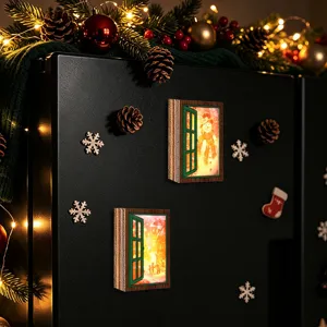 Christmas glowing fake window fridge magnet wooden vintage decorative magnetic sticker detail