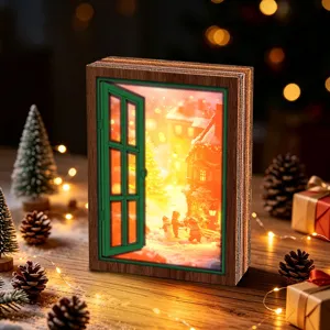 Christmas glowing wooden window fridge magnet miniature snow scene decorative wall sticker