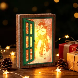 Christmas LED wooden window light decor featuring a cute snowman design for festive home.
