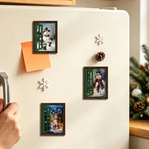 Christmas glowing fake window fridge magnets wooden magnetic stickers home holiday decor
