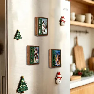 Christmas wooden fridge magnets glowing window design decorative magnetic stickers for home kitchen decor