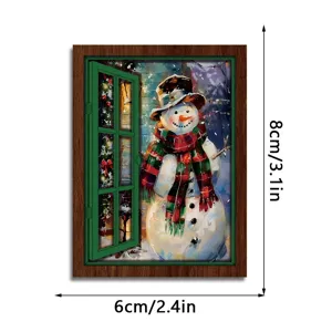 Christmas glowing wooden window fridge magnet, retro snowman holiday decorative sticker 8x6cm
