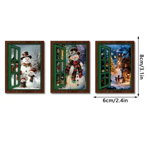 Christmas luminous fake window fridge magnet, vintage wooden decorative magnetic sticker for home.