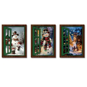 Detailed view of Christmas window fridge magnets featuring cute snowmen and winter village scenes.