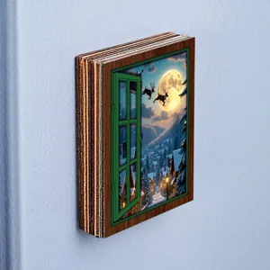 Christmas wooden 3D fake window fridge magnet holiday vintage home decor magnetic sticker