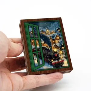 Christmas Wooden Magnetic Fridge Magnet Retro Glowing Fake Window Train Decoration