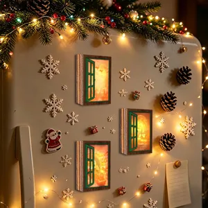 Christmas glowing fake window fridge magnets wooden magnetic decorative stickers for holiday home decor