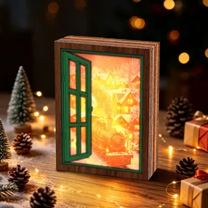 Christmas wooden glowing fake window fridge magnet vintage decorative 3D snow village light box