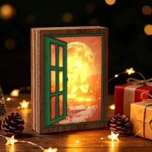 Details of the Christmas glowing fake window wooden fridge magnet, retro festive decoration.