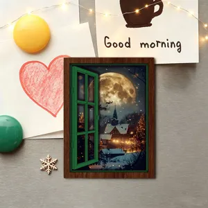 Christmas glowing fake window fridge magnet retro wooden magnetic refrigerator sticker