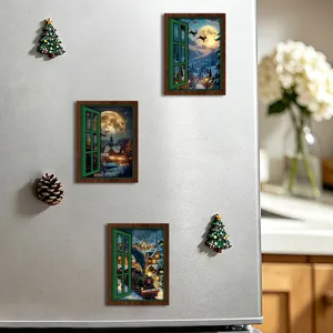Close-up details of Christmas wooden window and tree fridge magnets, festive kitchen decor.