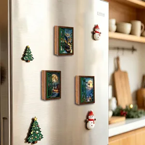 Christmas glowing fake window fridge magnet wooden magnetic sticker for holiday decor