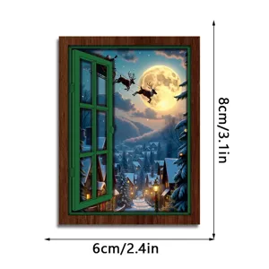 Christmas glowing wooden window fridge magnet, holiday vintage decorative magnetic sticker for home.