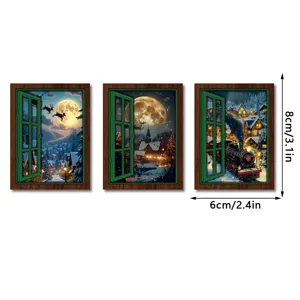 Christmas glowing wooden window fridge magnet retro decorative magnetic sticker decor