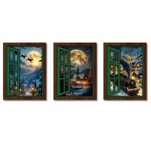 Christmas glowing fake window fridge magnets set of 3 retro wooden magnetic home decor